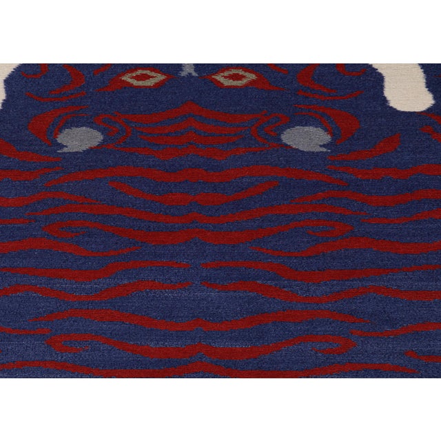 Traditional 2010s Rug & Kilim’s Tiger-Skin Rug in White With Blue & Red Pictorial For Sale - Image 3 of 7