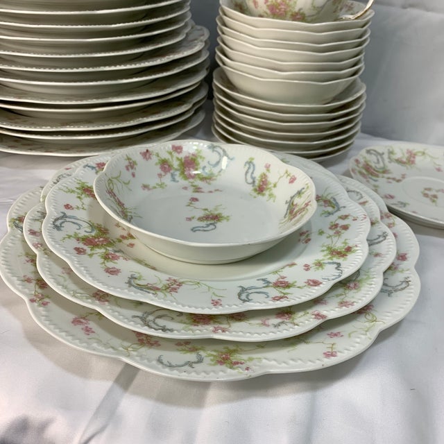 Antique French Haviland Limoges “Princess” Pink Flowers Blue Ribbons Dinnerware Set With Tea Cups - Service for 8 - 48 Pieces For Sale - Image 10 of 12