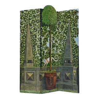 Hollywood Regency Botanical Hand Painted Maitland Smith Screen Room Divider With Monkey For Sale