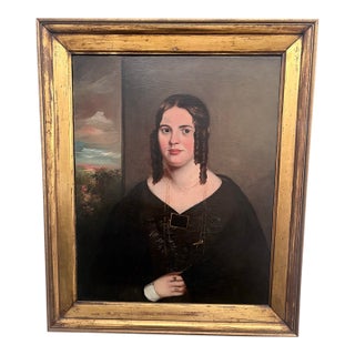 19th Century Oil Portrait of a Lady in Antique Giltwood Frame - Unsigned For Sale