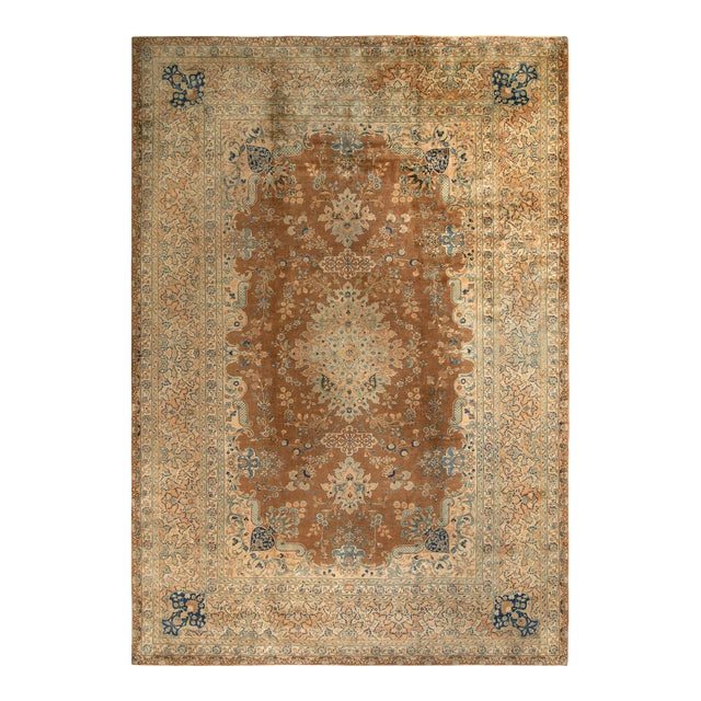 Hand-Knotted Antique Yazd Persian Rug in Beige-Brown and Blue Medallion Style For Sale