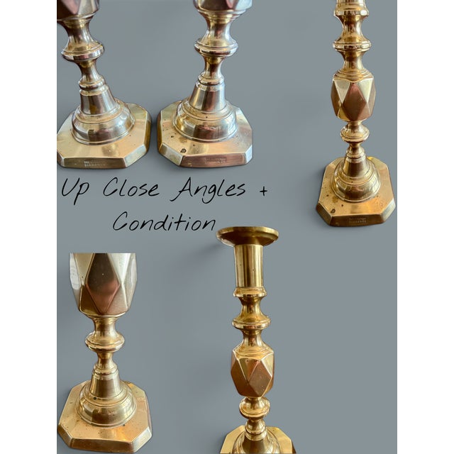 Brass Antique Queen of Diamonds Brass Candlesticks Pair-Victorian English-1897 Jubilee For Sale - Image 8 of 11