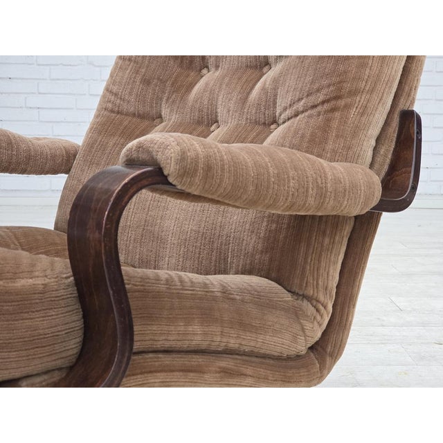 Danish Swivel Armchair in Corduroy and Dark Beechwood, 1970s For Sale - Image 15 of 16