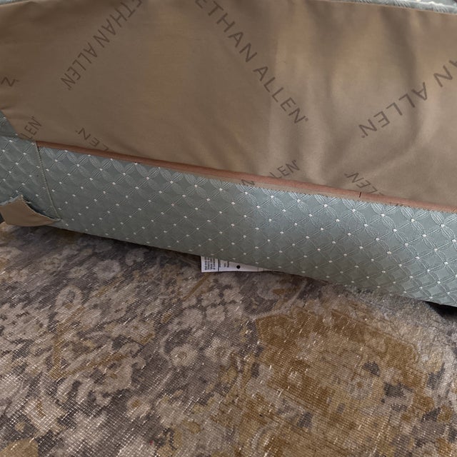 Teal Ethan Allen Skirted Swivel Rocking Lounge Chair & Rolling Ottoman Set With Custom Fabric For Sale - Image 8 of 11