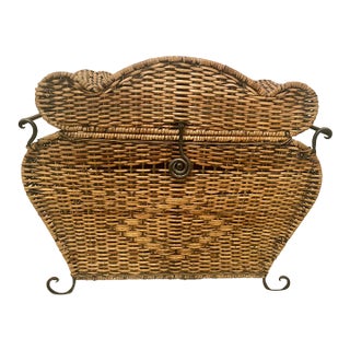 Vintage Woven Rattan Bombay Storage Chest With Lid Wrought Iron Scroll Feet, Handles, and Latch. For Sale