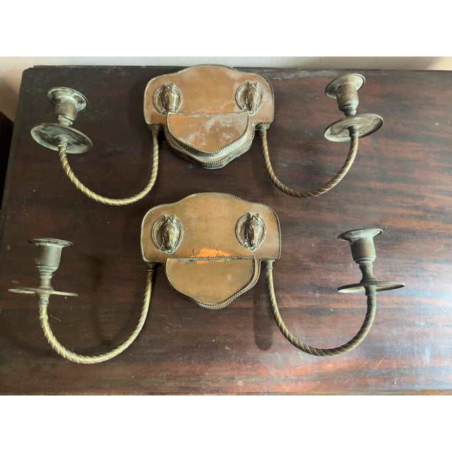 1970s Vintage Colonial Revival Brass Horse Head Double Arm Wall Sconces, Pair For Sale - Image 15 of 16