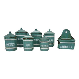 Enameled Sheet Metal Spice Jars, 1930s, Set of 7 For Sale