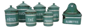 Enameled Sheet Metal Spice Jars, 1930s, Set of 7