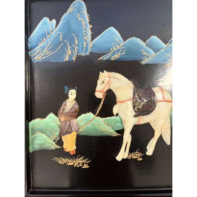 Mid 20th Century Chinoiserie Black Lacquer Coffee Table With Carved Hard Stone Art For Sale - Image 9 of 10