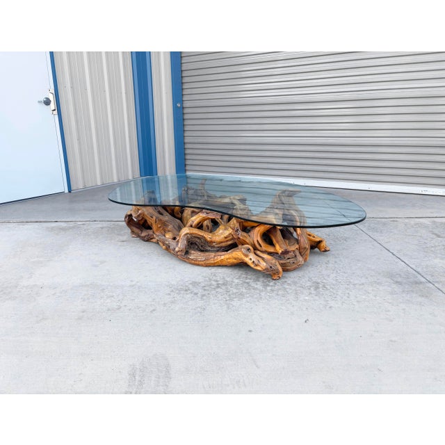 Mid-Century Modern 1960s Mid-Century Modern Driftwood Coffee Table With Freeform Glass Top For Sale - Image 3 of 15