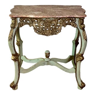 1940s Country French Louis XV Style Carved and Painted Marble Top Center Table For Sale