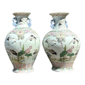 Vintage Asian Hand Painted Crane Urns - A Pair