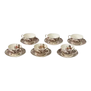 Six English Turkey Cups and Saucers, Wild Turkey Flying by Johnson Brothers