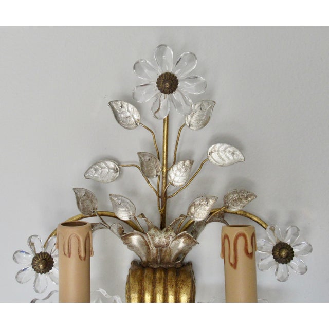 Early 20th Century Banci Gilt & Silvered Bronze Sconces, Italian With Rock Crystal Floral Motif Design -Pair For Sale - Image 9 of 18