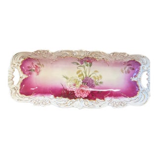 Antique p.t. Germany Tettau Porcelain Celery Dish, Magenta Floral Relish Tray, Circa 1902 For Sale