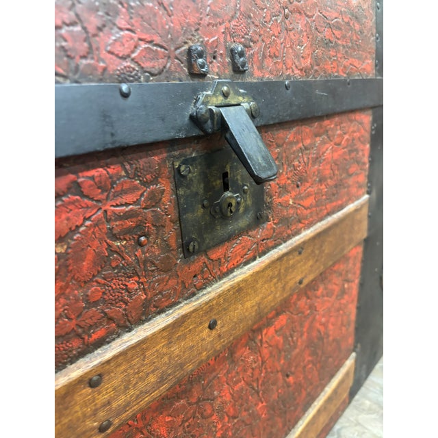 Wood Antique Victorian Dome Top Embossed Immigrant Trunk Steamer Trunk For Sale - Image 7 of 18