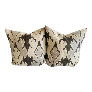 18” X 18” Kelly Wreastler Bengal Bazaar Graphite Ikat Grey Brown Linen Pillow Covers - a Pair