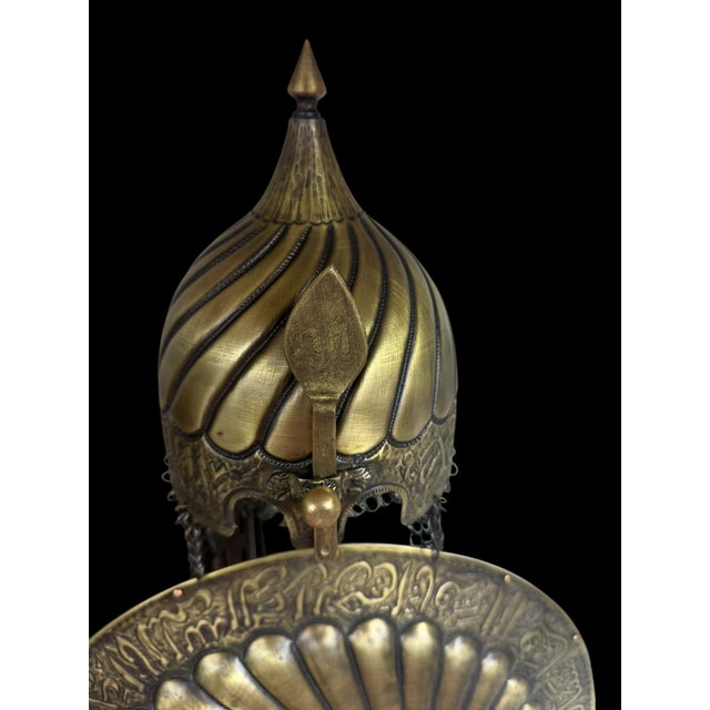 Traditional Hand Forged Calligraphy Brass Helmet Shield Display Set For Sale - Image 3 of 12