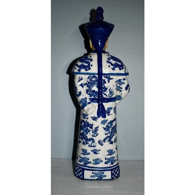 Blue Vintage Blue & White Porcelain Qing Emperor Statue For Sale - Image 8 of 12