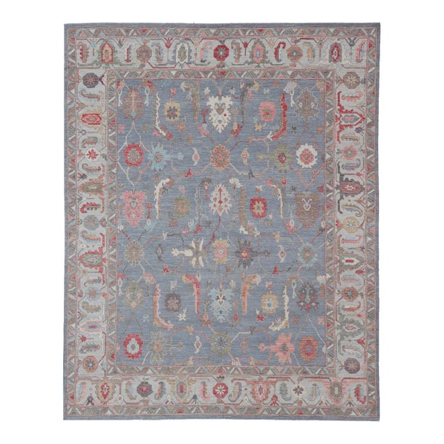 Large Modern Oushak Design With All-Over Multi Colored Floral Design in Wool For Sale