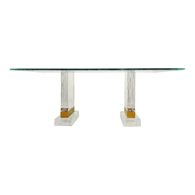 Substantial Lucite and Brass Dining Table, Etched Glass Top For Sale