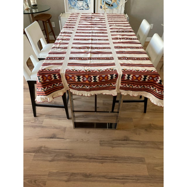 Large Antique Balkan Romanian Ethnographic textile-handspun linen crochet tabkecloth.