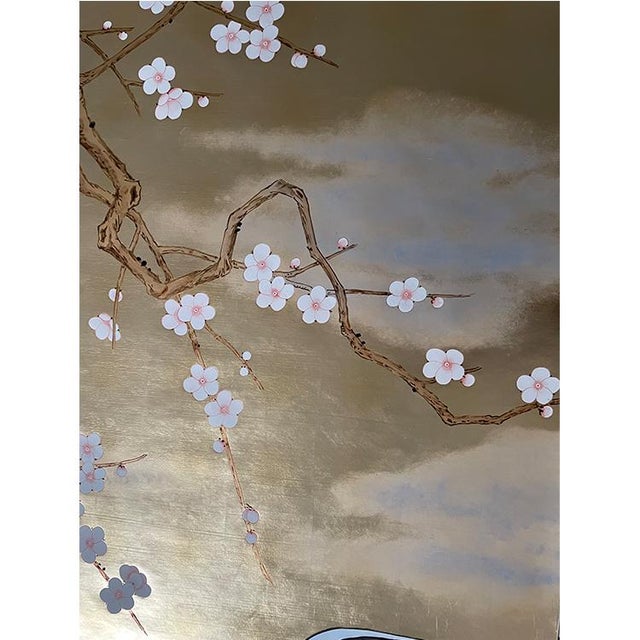 Gold Leaf Japanese Style Hand-Painted Pine, Bamboo & Crane Wall Panels (Set of 8) For Sale - Image 4 of 5