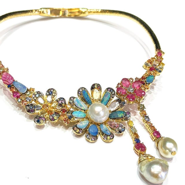 Contemporary Bochic "Orient" Opal, Multi Sapphires & Rubies Necklace Set In 18K Gold & Silver For Sale - Image 3 of 7