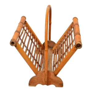 1970s Vintage Handmade Bamboo Wood Reed Magazine Rack Newspaper Holder