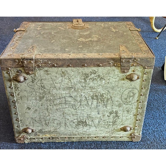 Mid 20th Century Old Metal Trunk With Leather Handles For Sale - Image 5 of 6