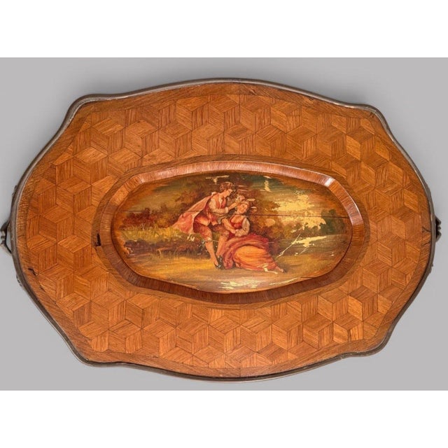 Early 20th Century Italian Parquetry Inlaid Tray Table With Painted Figural Panel and Glass Top Late 19th/Early 20th C. For Sale - Image 5 of 6