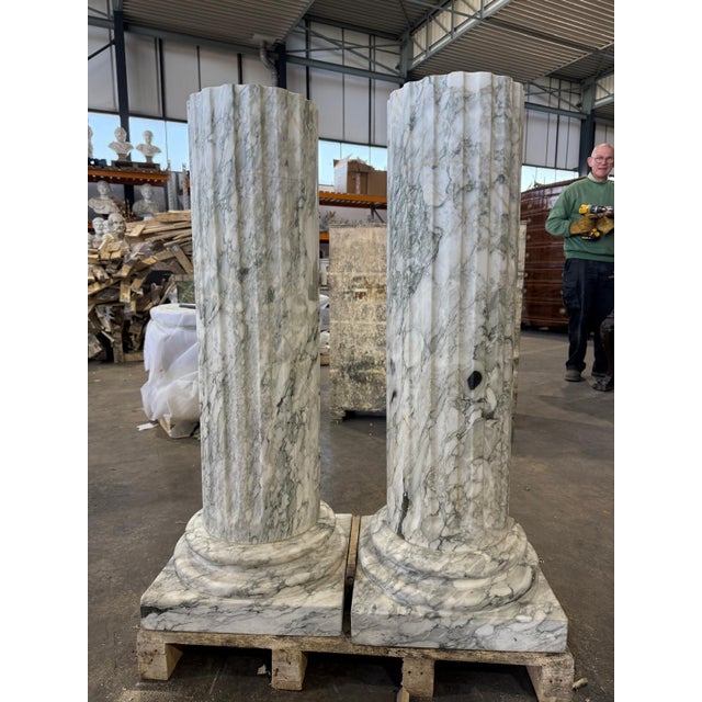 Grand Fluted Verde Alpi Marble Columns on Stepped Bases, Set of 2 For Sale - Image 9 of 9
