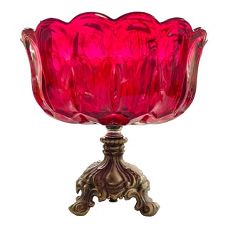 Vintage Ruby Red Glass, Brass and Marble Pedestal Bowl For Sale