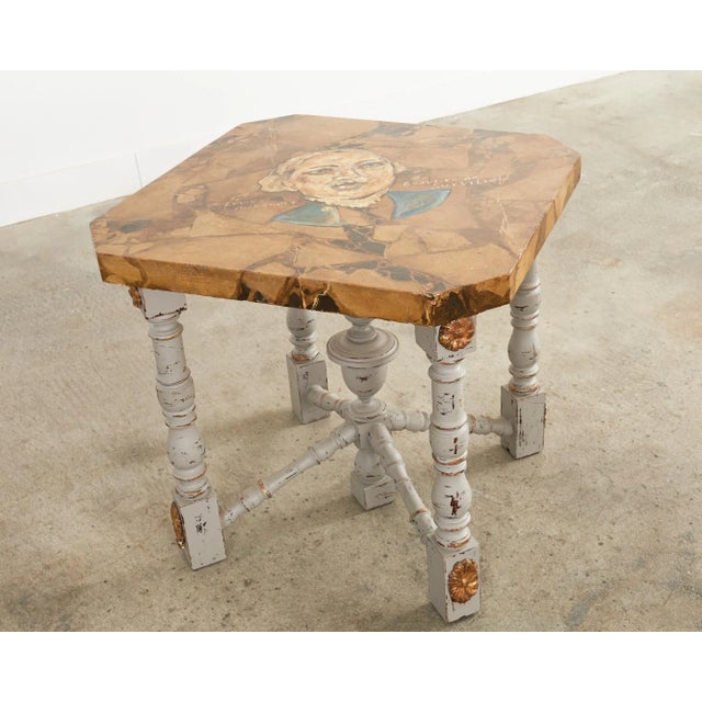 Tan Louis XIV Style Center Table Painted by Artist Ira Yeager For Sale - Image 8 of 13