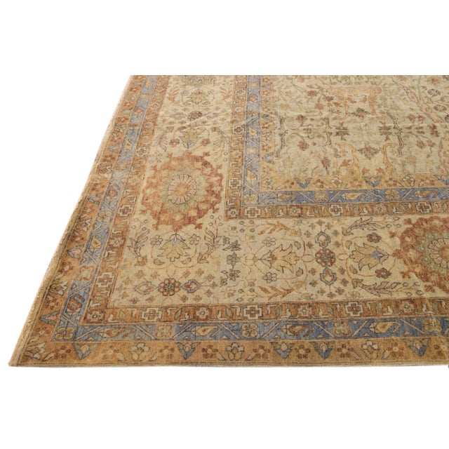 Beige Modern Indian Handmade Floral Designed Wool Rug For Sale - Image 4 of 9
