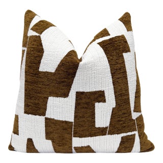Cocoa Hierographic 20x20 Chenille Pillow With Feather Down Insert For Sale