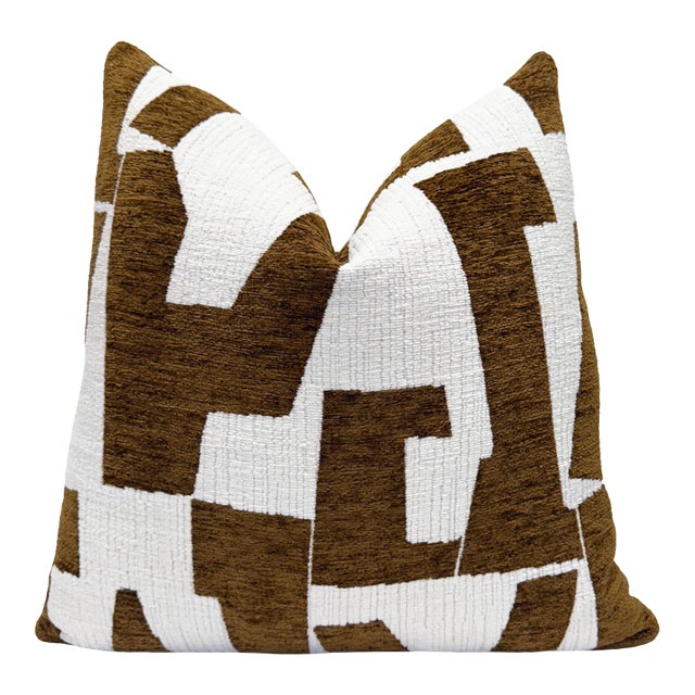 Cocoa Hierographic 20x20 Chenille Pillow With Feather Down Insert For Sale