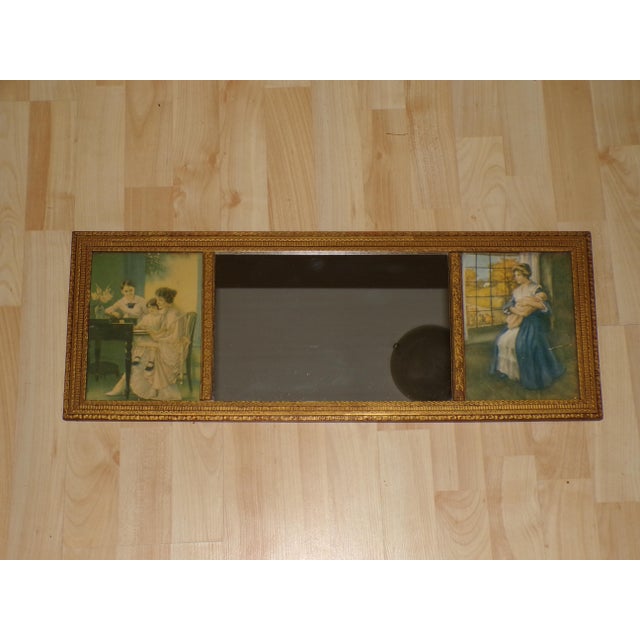 Wood Vintage Gold Gilt Framed Mirror Two Prints Antique Tryptic Tripart Wall Mirror For Sale - Image 7 of 12