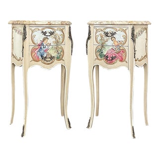 Pair Vintage Italian Painted Marble Top Nightstands For Sale