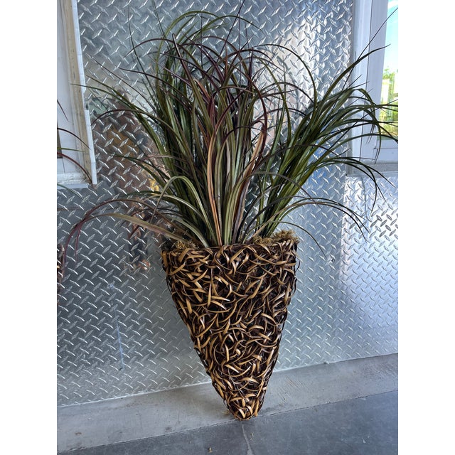 Palecek Vintage Palecek Faux Rattan Wall Planters With Faux Grasses - A Pair For Sale - Image 4 of 11