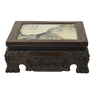 Square Dream Stone Inlaid Rosewood Foo Dog Lions Motif Display Stand For Sale