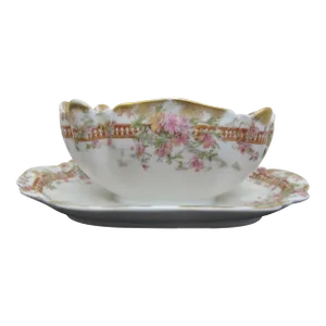 Haviland Limoges Pink & Yellow Flower Gold Trim Gravy Sauce Boat W/ Underplate