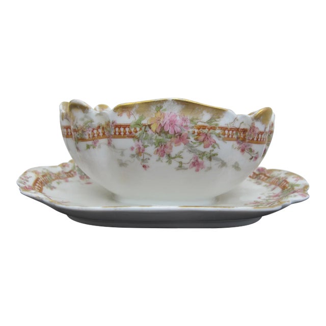 Haviland Limoges Pink Yellow & Gold Flower Gravy Sauce Boat Bowl W/ Underplate For Sale