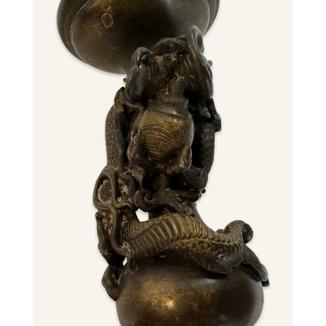 Pair of Late 19th Century Bronze Chinese Pricket Candle Holders Featuring the Imperial Dragon Chasing the Flaming Pearl of Immortality For Sale - Image 9 of 13