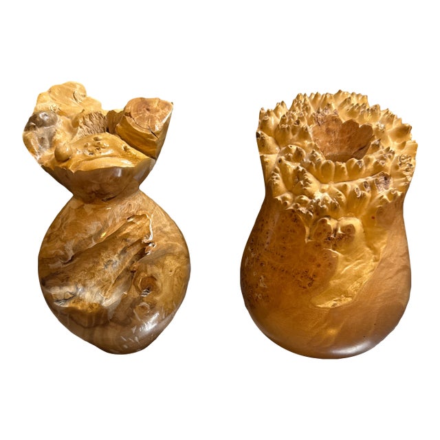 Pair of Signed John Mascoll Hand-Turned Maple Burlwood Raw Edge Vases For Sale