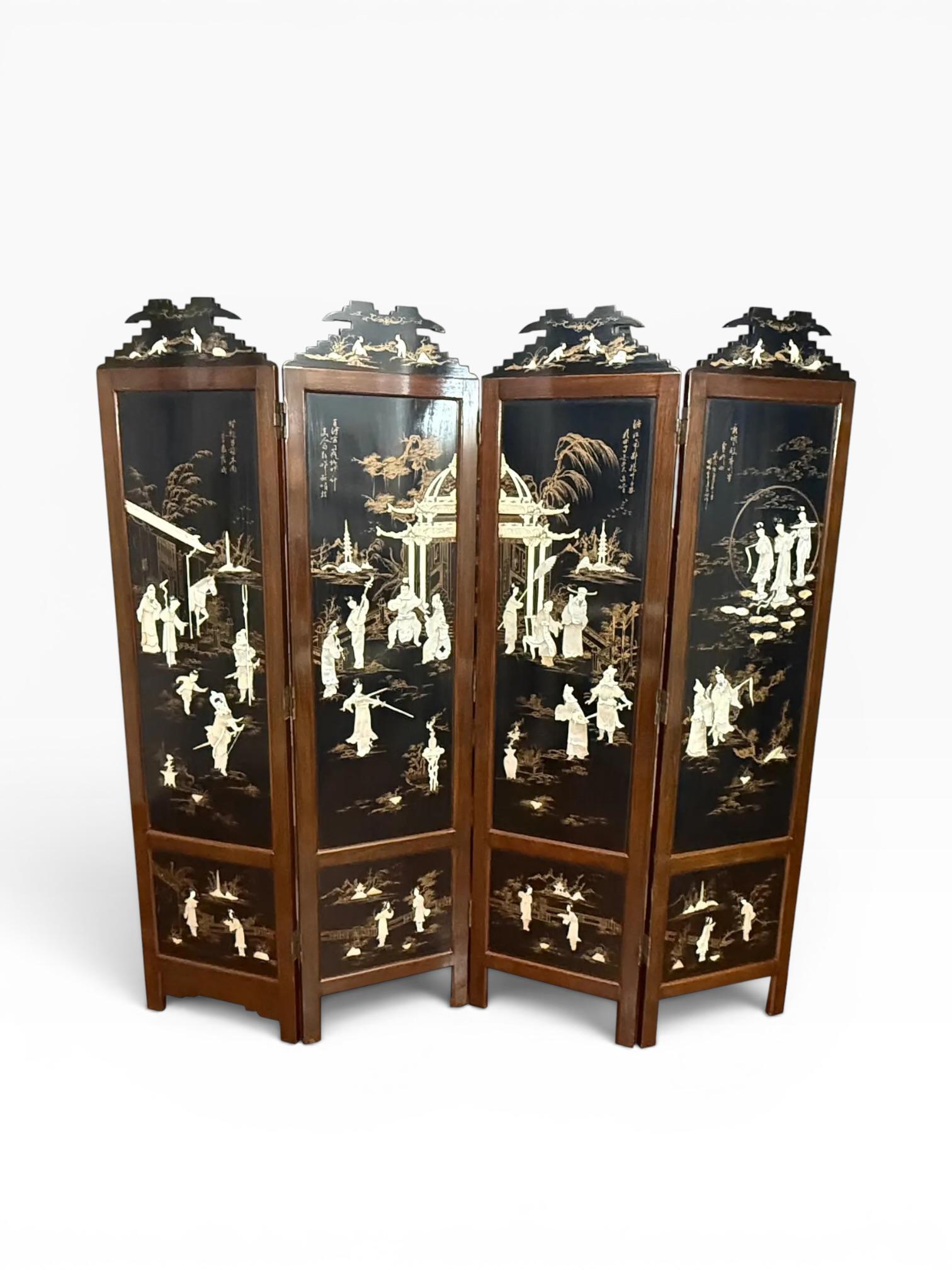 オーダーメイド　屏風　書　幅132cm(1折61cm)× 高さ149cm Vintage Chinese Black Lacquer Folding Screen With Mother-of-Pearl
