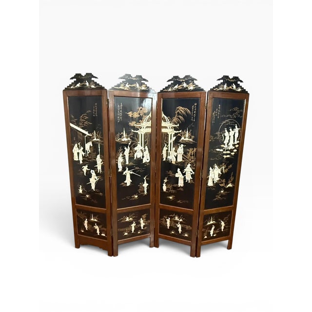 Wood Vintage Chinese Black Lacquer Folding Screen With Mother-of-Pearl Inlay For Sale - Image 7 of 8