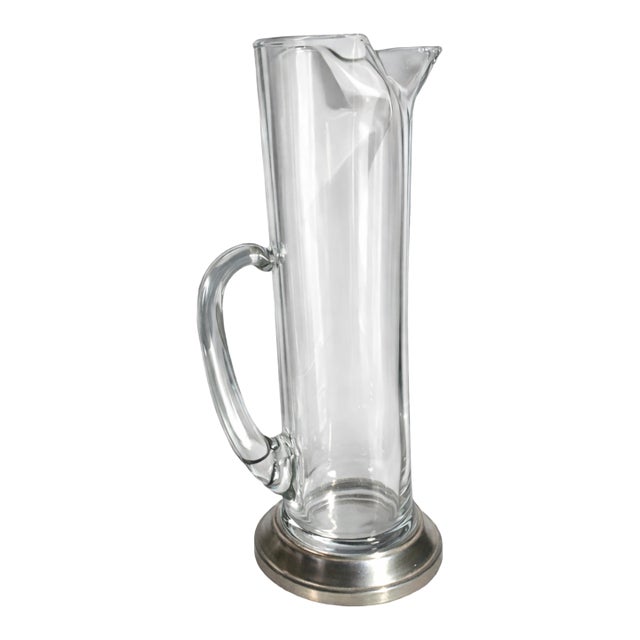 Vintage Tall Clear Glass Pitcher With Silver Plate Base For Sale