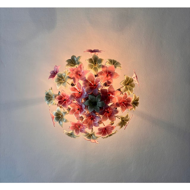 Vintage Italian Murano Style Botanical Flower Ceiling Light, Vintage Handblown Pink Green Glass Bouquet Chandelier, 5-Light Flush Mount For Sale - Image 11 of 17
