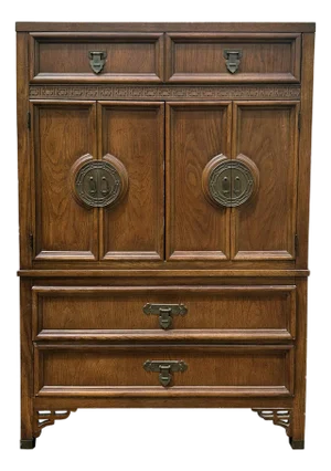 Dixie Shangri La Armoire Chest Dresser Cabinet Vintage Fretwork Wood & Brass